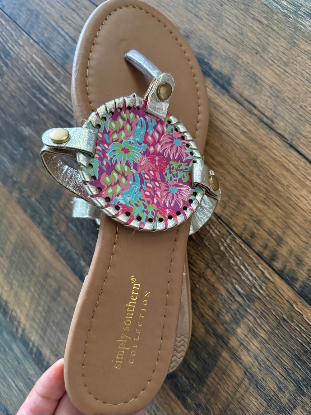 Simply Southern Metallic Gold Thong Sandal with Pink Floral Medallion